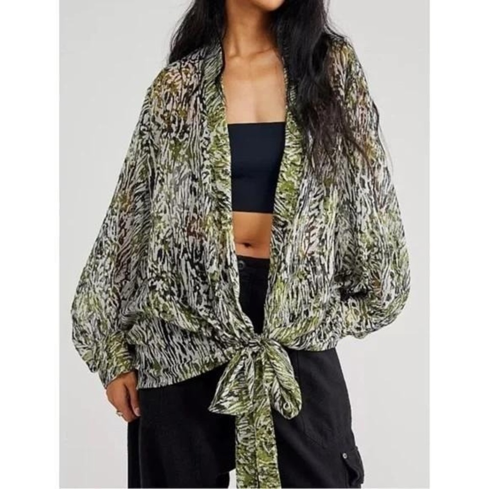 Free People Safari Print Tie Front Kimono Top Women OS Green Abstract Sheer Boho